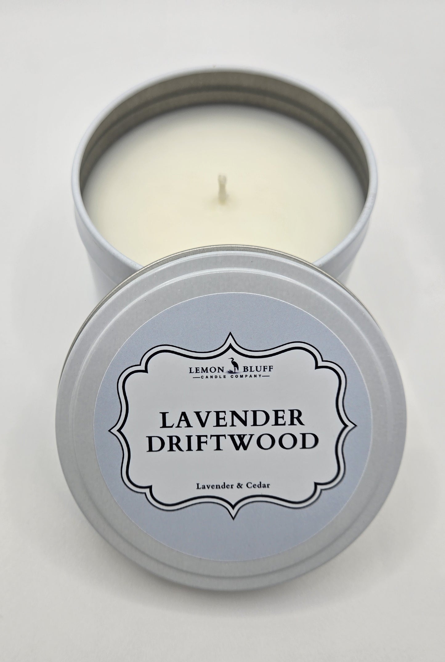 Lavender Driftwood Candle Tin- Lavender, Marine, Cedar Scent