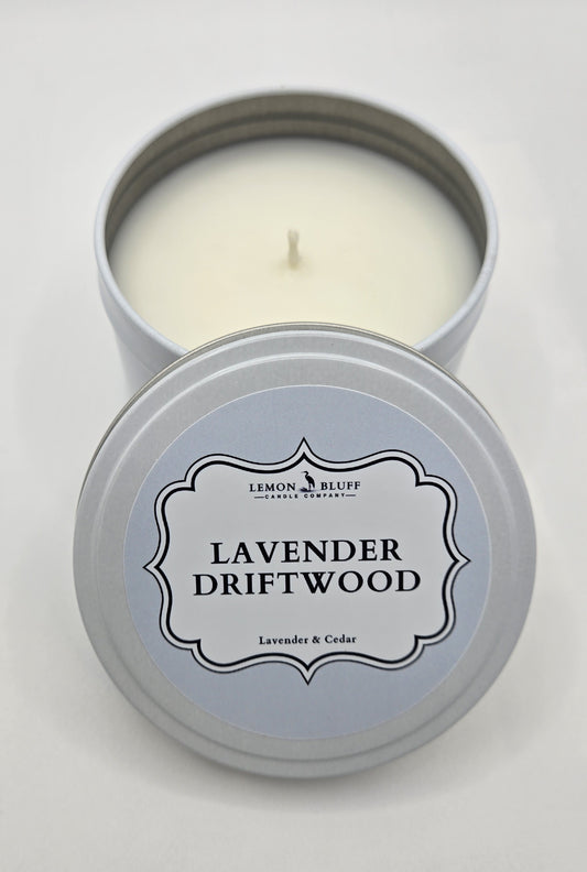 Lavender Driftwood Candle Tin- Lavender, Marine, Cedar Scent