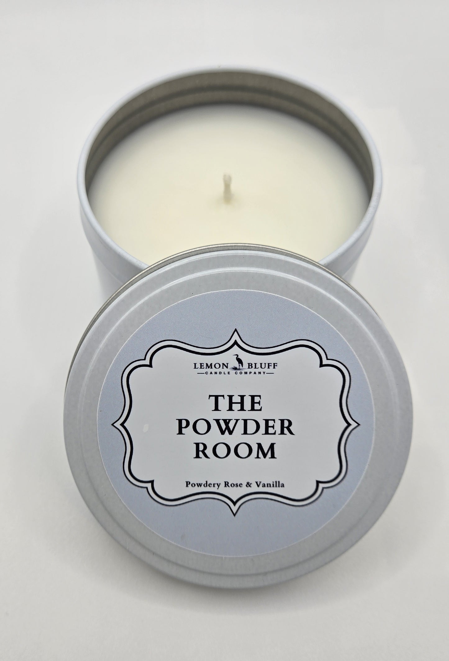 The Powder Room Candle Tin - Powdery Rose, Amber, Light Vanilla Scent