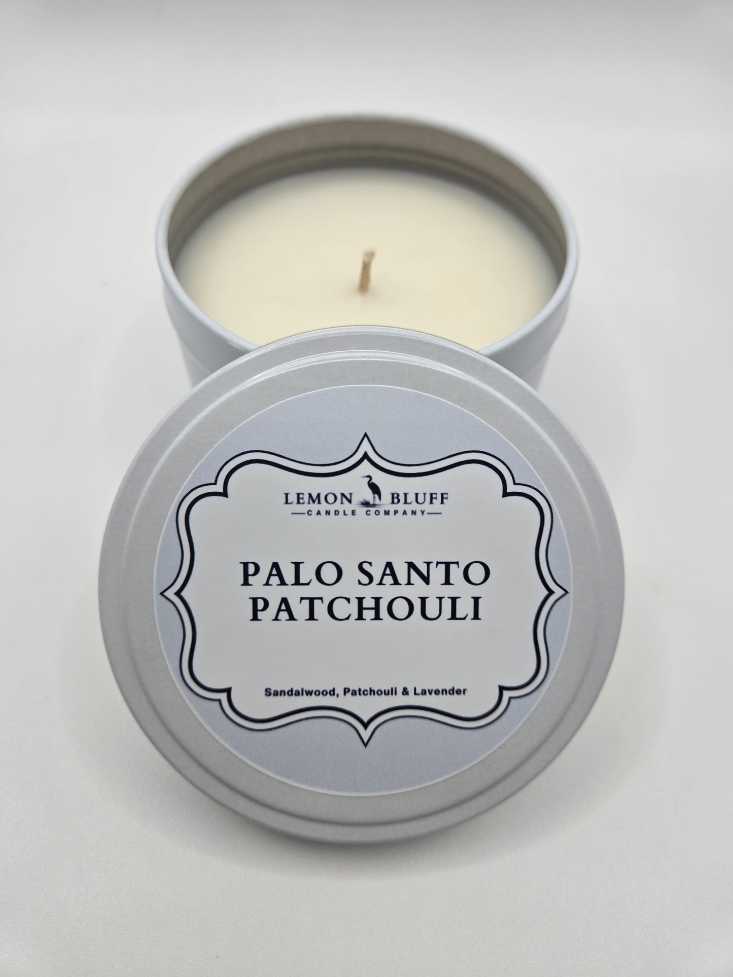 Palo Santo Patchouli Candle Tin- Sandalwood, Light Patchouli, Lavender Scent
