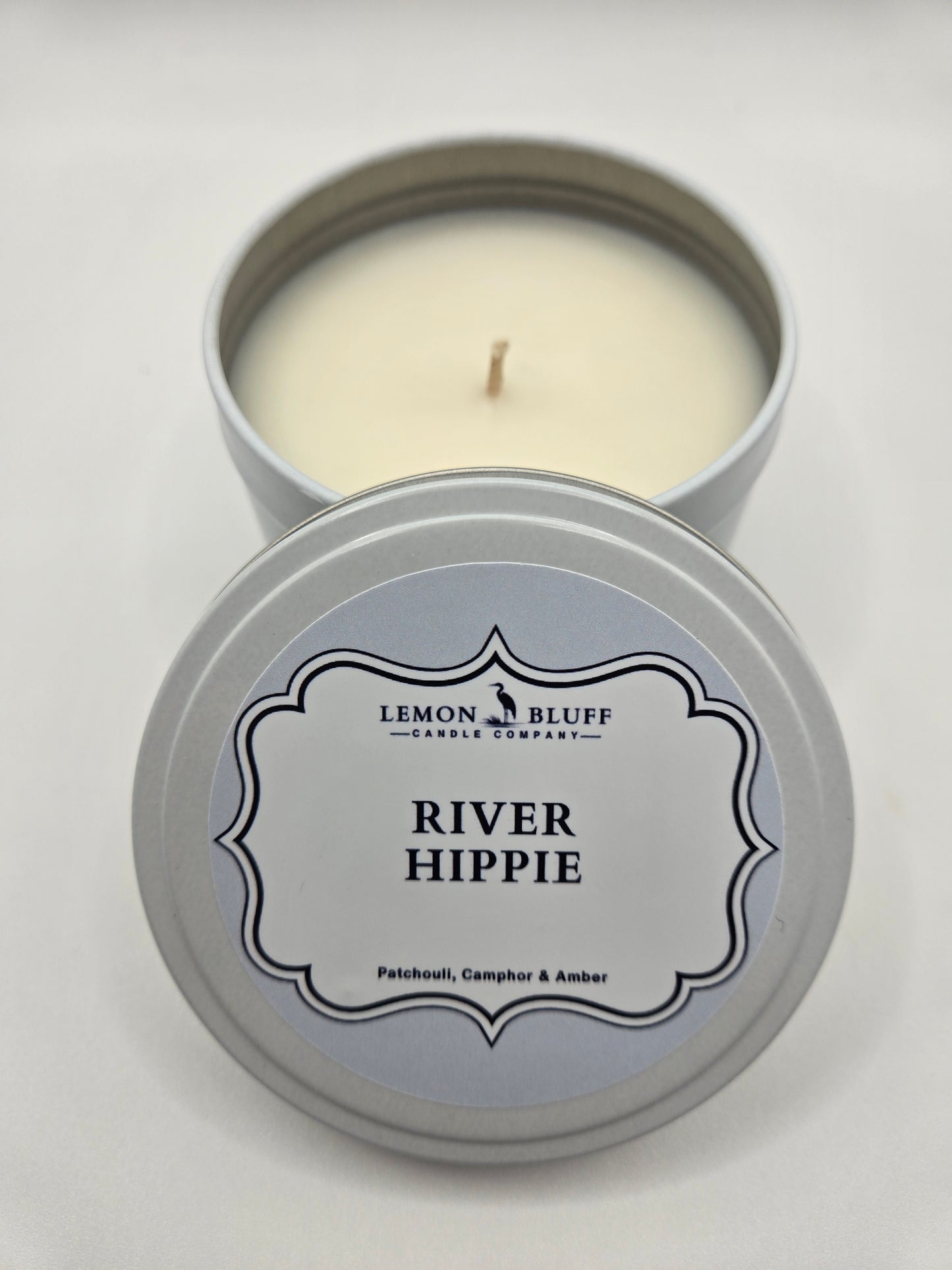 River Hippie Candle Tin- Patchouli, Camphor, Amber Scent